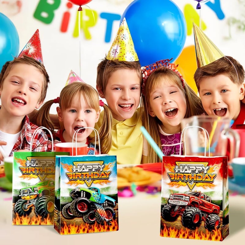 JOYGATHER 24 Pcs Monster-Truck Party Favor Bags with Handles - Racing Truck Goodie Bags Gift Bags. Checkered Theme Candy Bags for Kids, Kraft Paper Bags for Birthday Party Supplies Decorations - Image 5